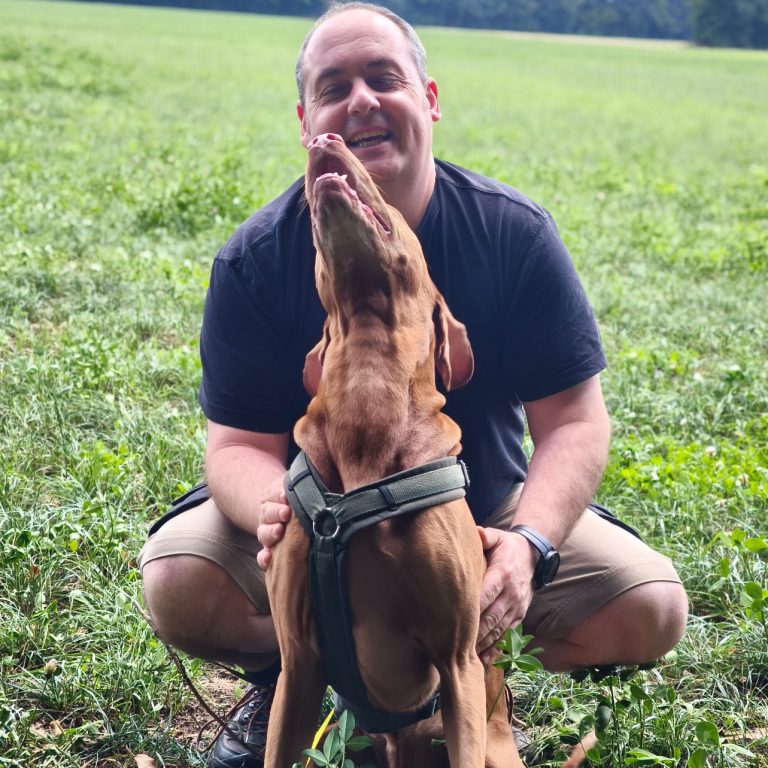 Hundetrainer mit seinem Hund Mann kniet in einer Wiese und interagiert fröhlich mit einem Hund.